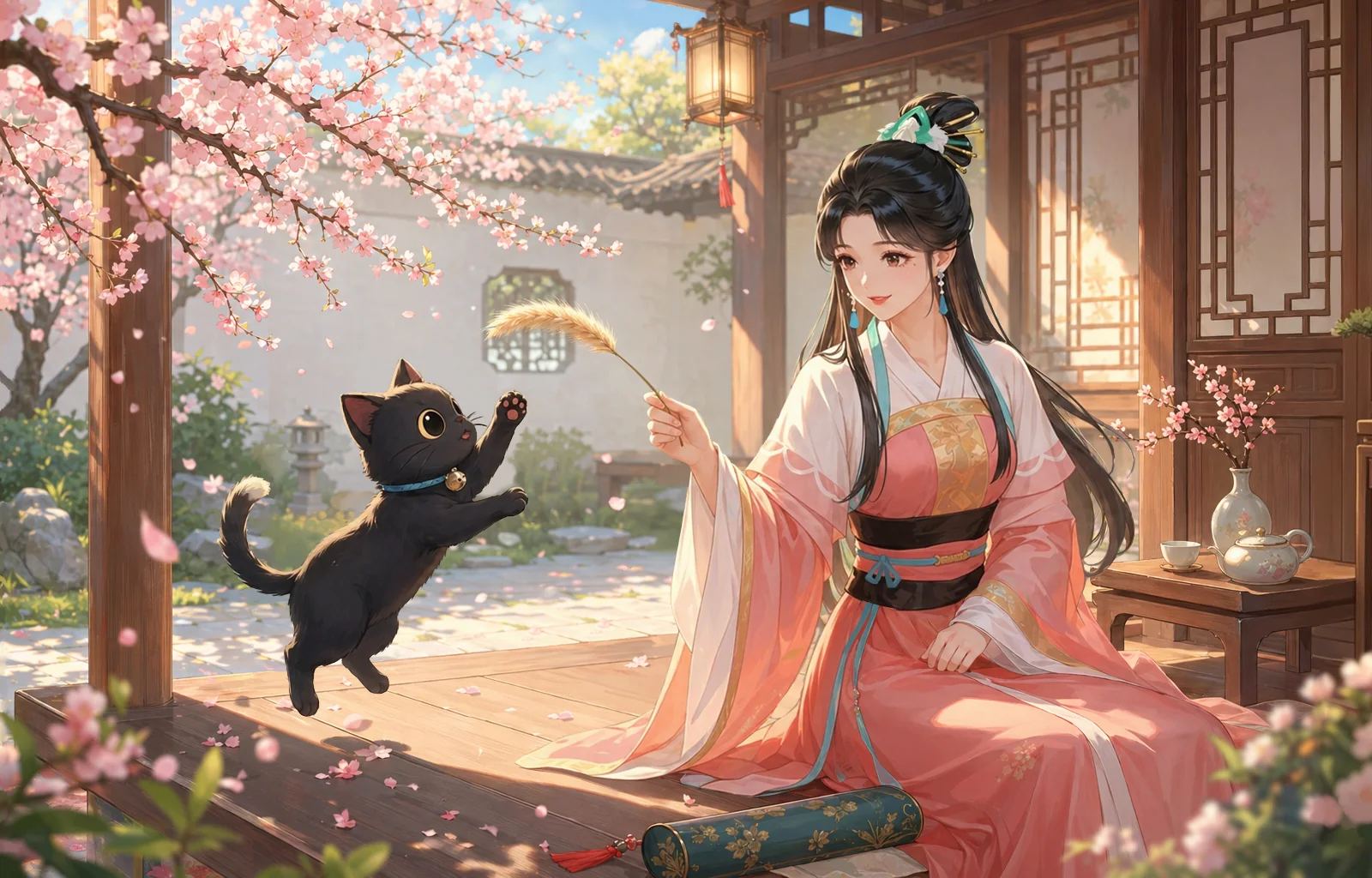 明月小镇中身着古装的女子在庭院里与黑猫嬉戏