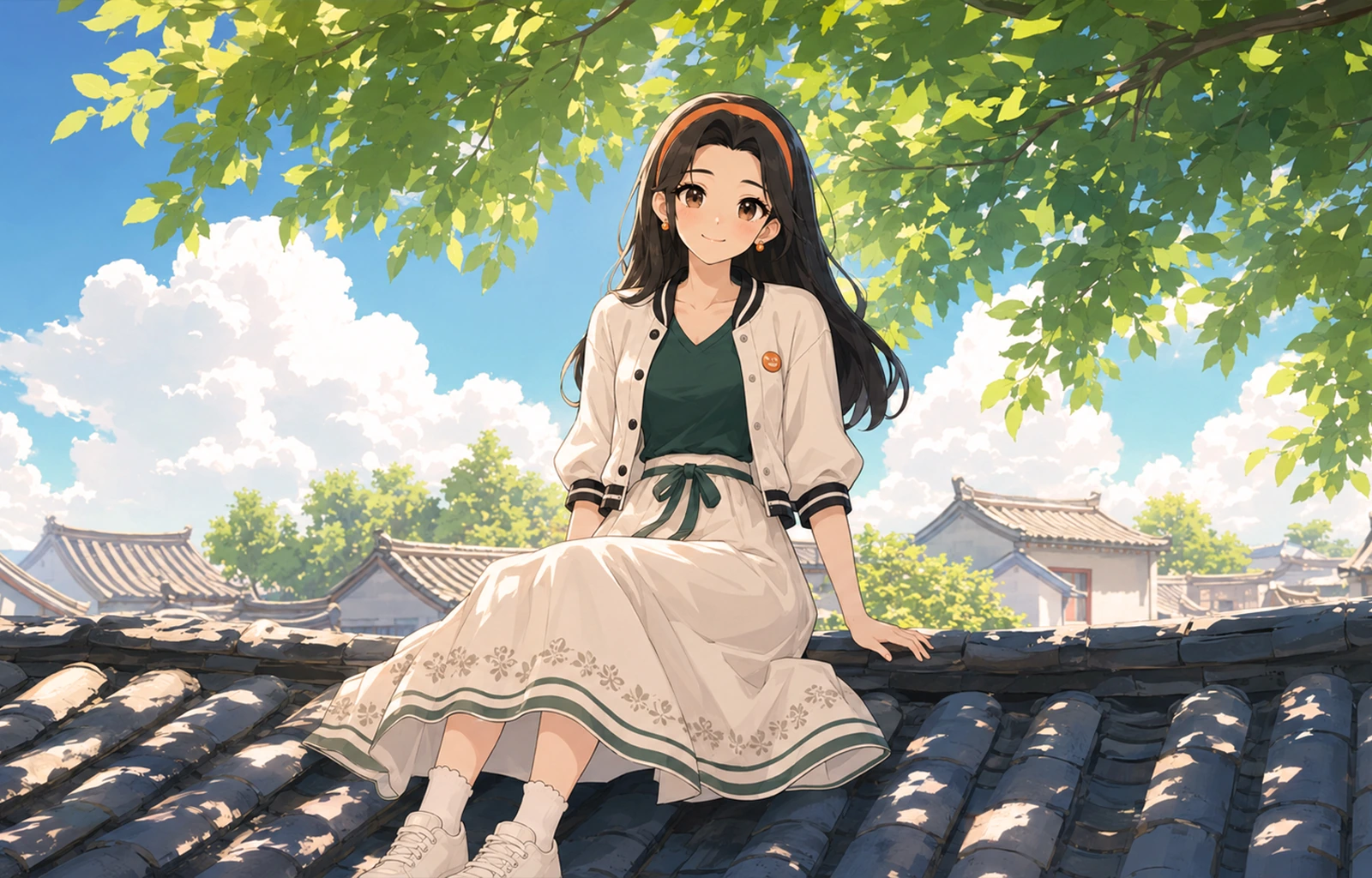 时光胡同角色坐在老屋屋顶享受夏日时光
