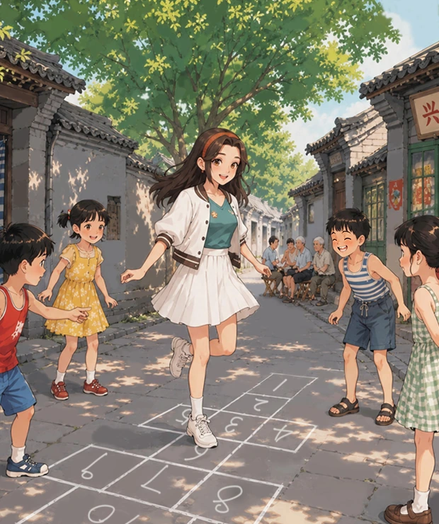 时光胡同角色和孩子们在胡同里跳房子